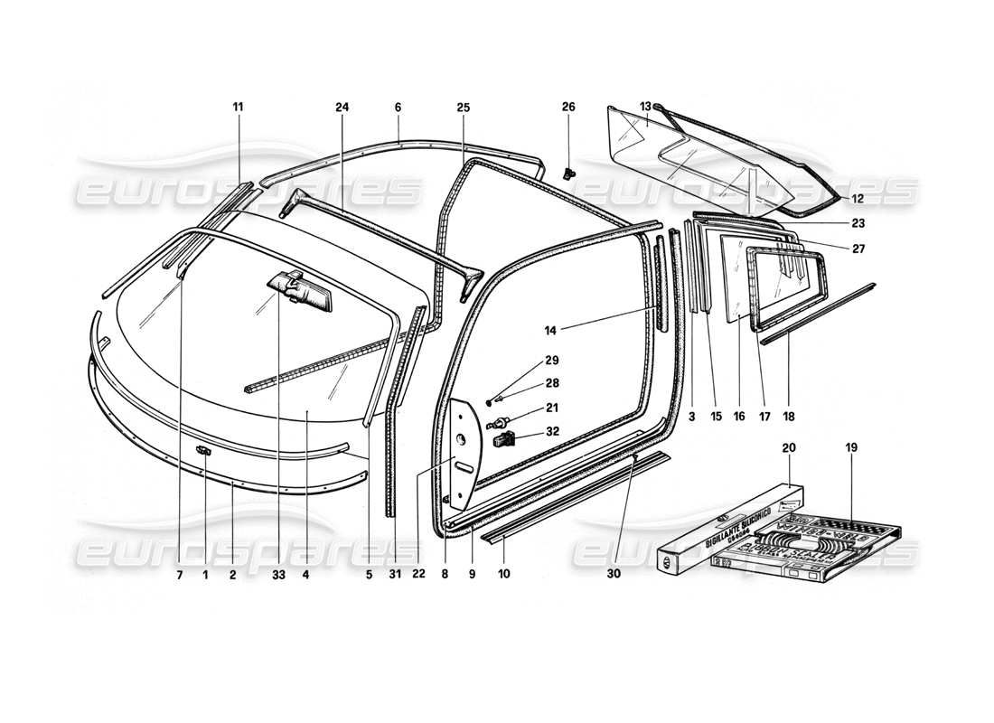 ferrari 208 turbo (1982) glasses part diagram