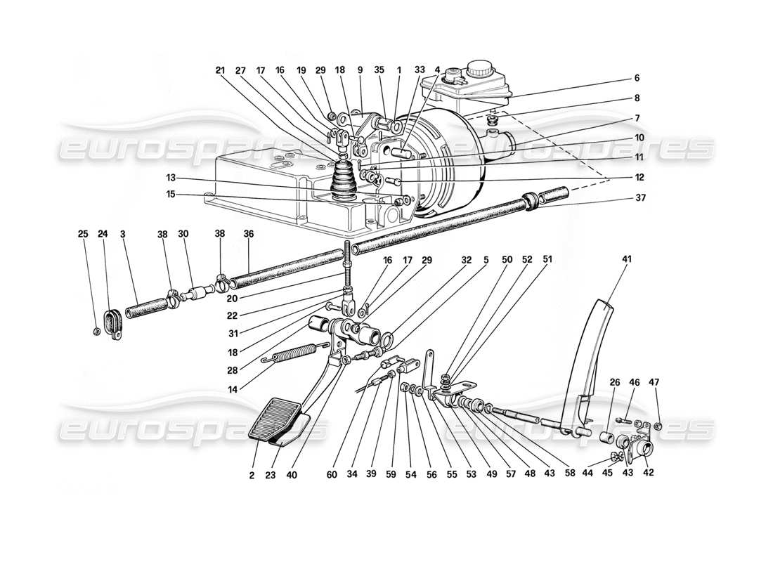 ferrari mondial 3.2 qv (1987) throttle control and brake hydraulic system (for car without antiskid system - variants for rh d version) parts diagram