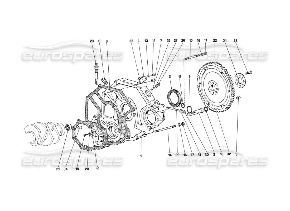 ferrari mondial 3.2 qv (1987) flywheel and clutch housing spacer part diagram