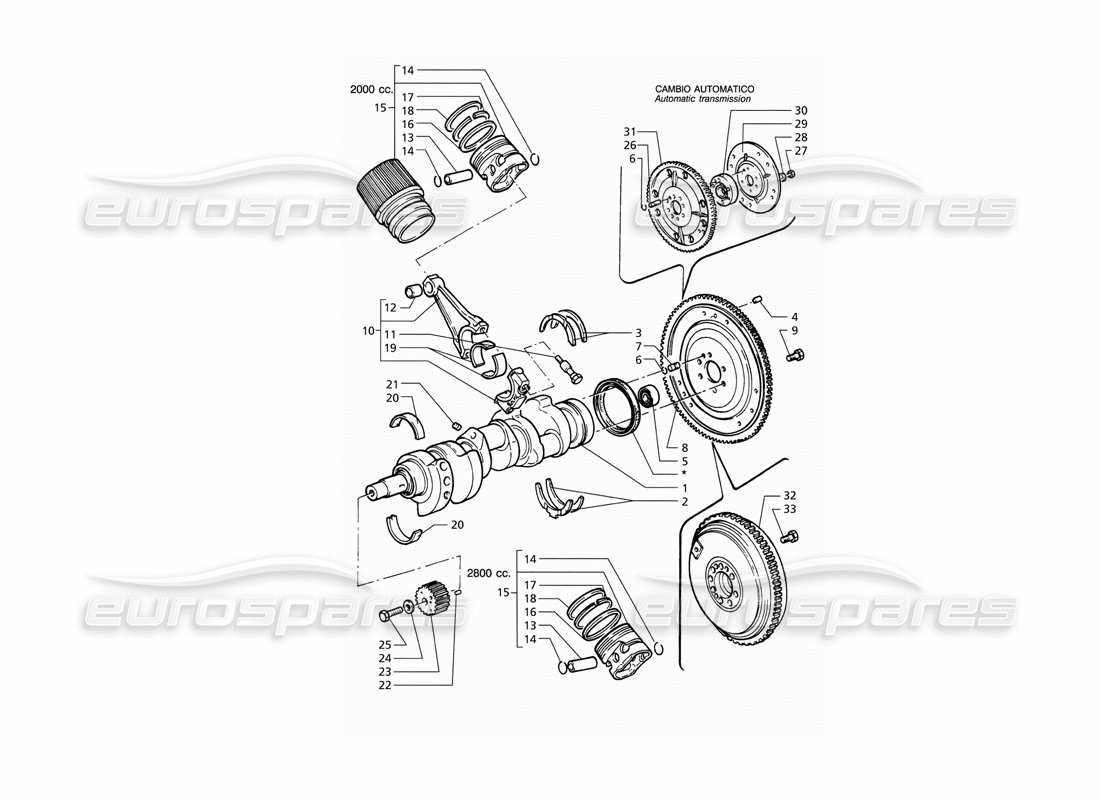maserati qtp v6 (1996) crankshaft, pistons, conrods & flywheel parts diagram