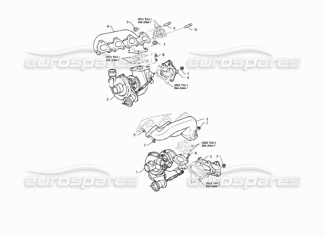 maserati qtp v8 (1998) turboblowers and exhaust manifolds parts diagram