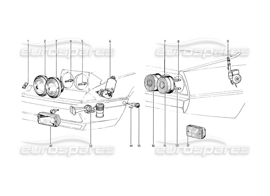 ferrari 400 gt (mechanical) front and rear lights, horns and arial part diagram