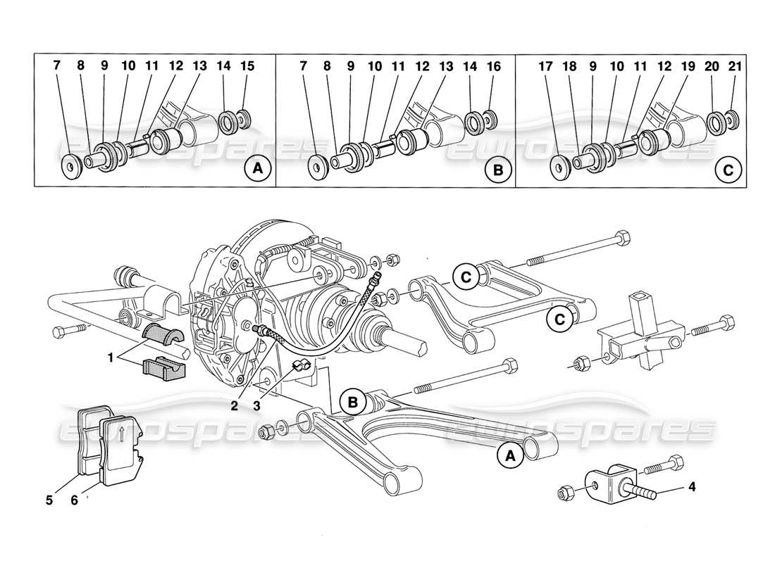 ferrari 348 challenge (1995) rear suspension pads and brake pipes part diagram