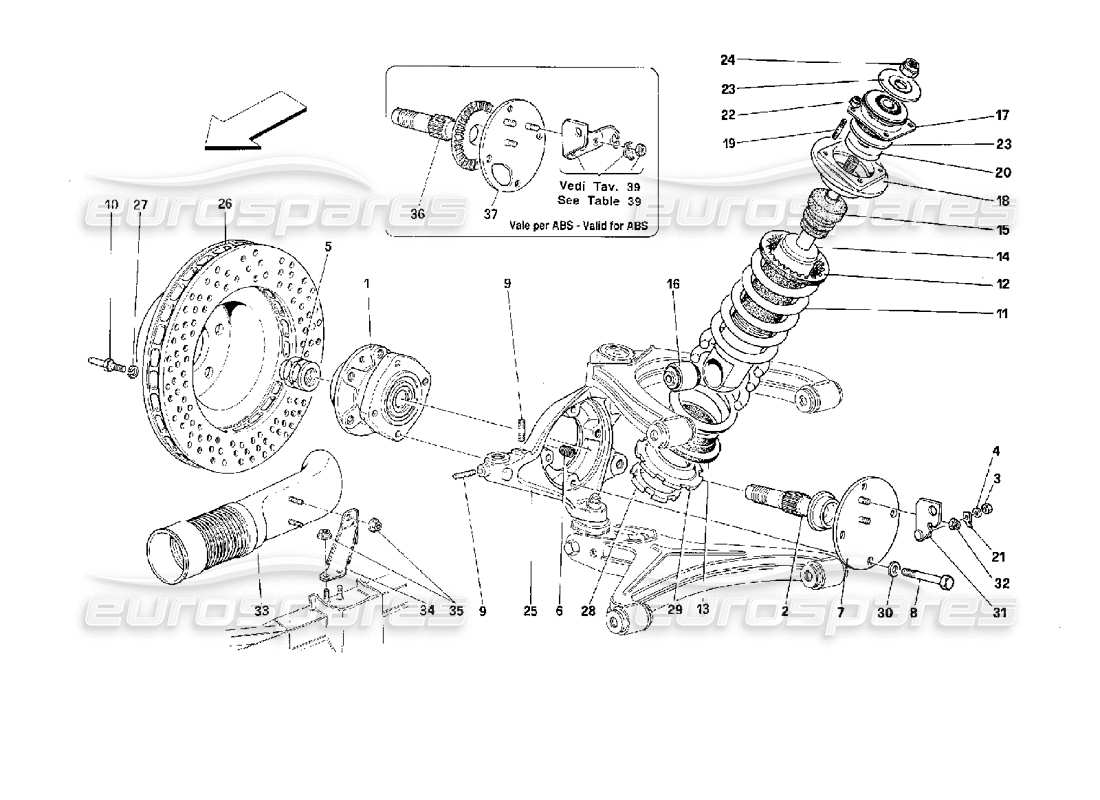 ferrari 512 tr front suspension - shock absorber and brake disc part diagram