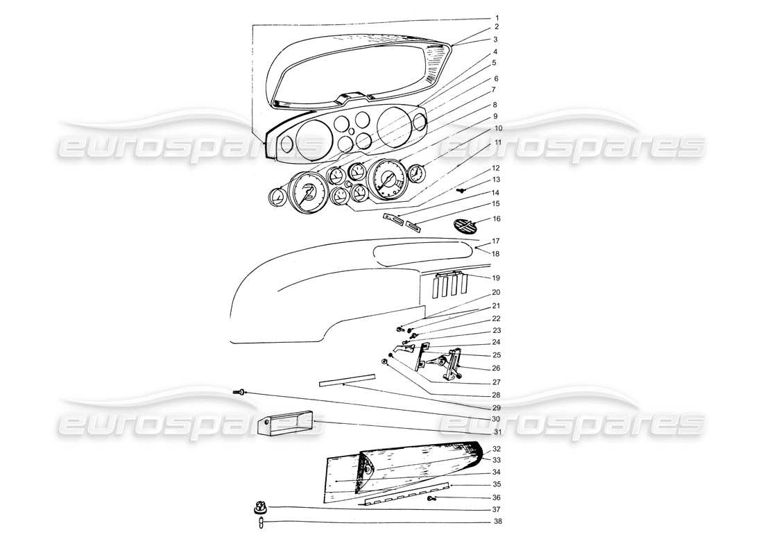 ferrari 365 gtb4 daytona (coachwork) instrument cluster - glove box parts diagram