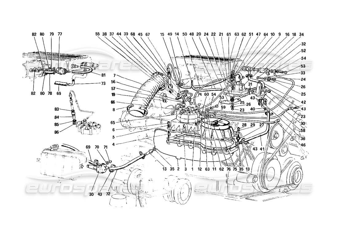 ferrari mondial 3.0 qv (1984) fuel injection system - fuel distributors, lines parts diagram