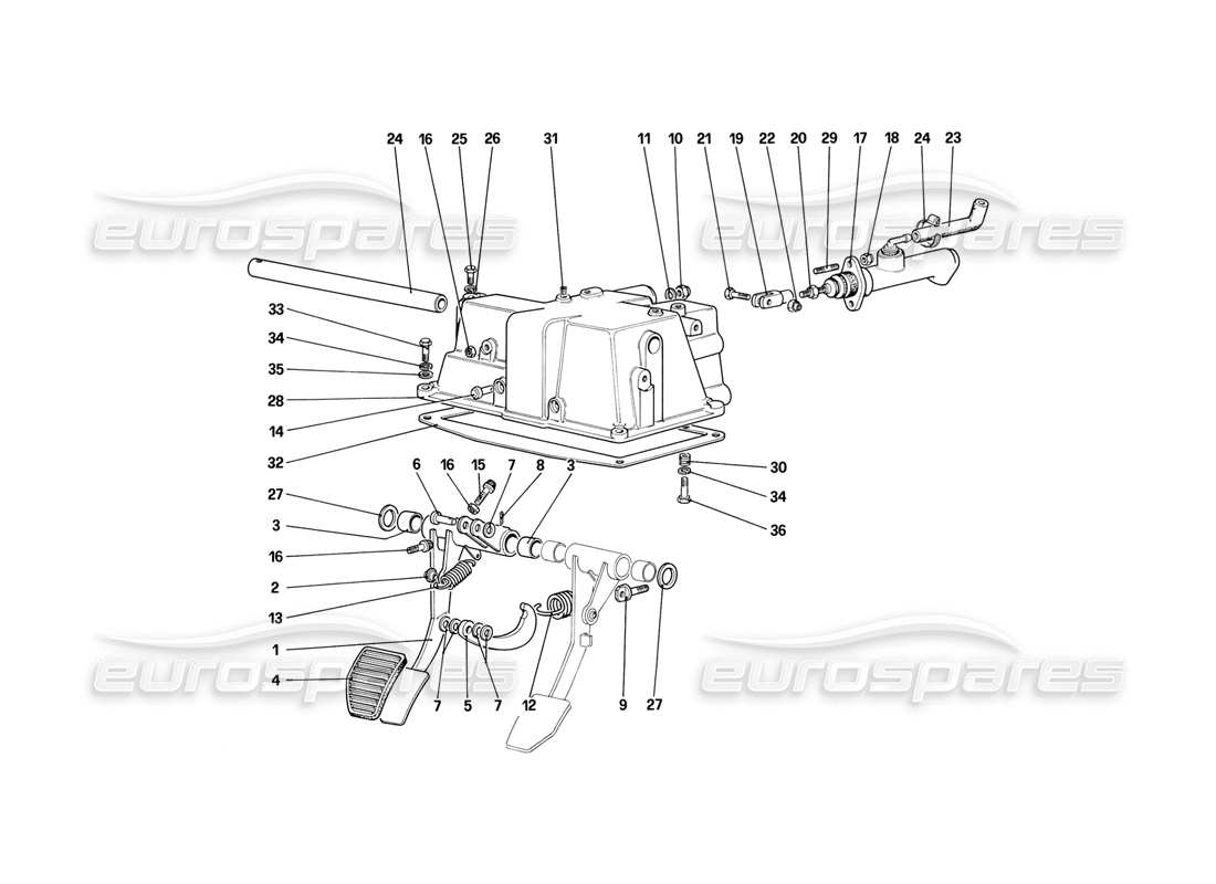 ferrari mondial 3.2 qv (1987) pedal board - clutch control (for car with antiskid system - variants for rh d version) parts diagram