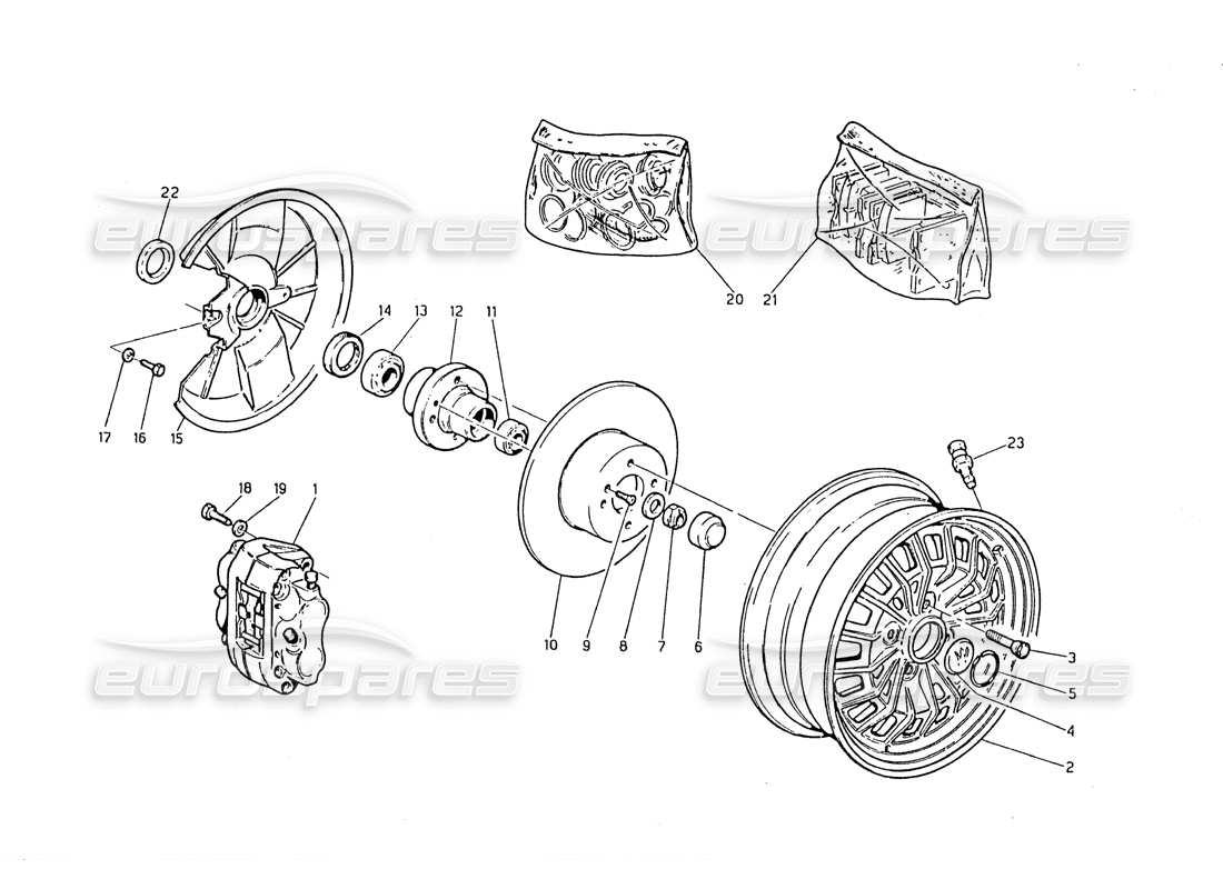maserati biturbo 2.5 (1984) wheels, hubs and front brakes part diagram