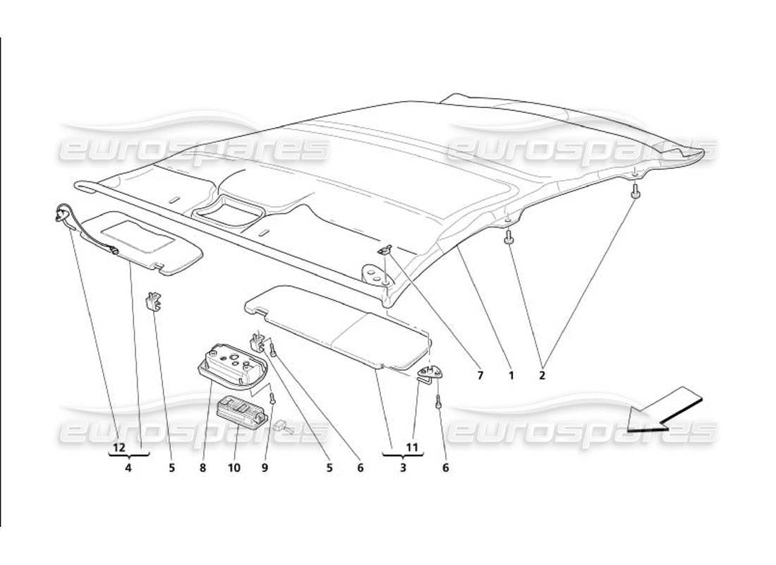 maserati 4200 gransport (2005) roof panel upholstery and accessories part diagram