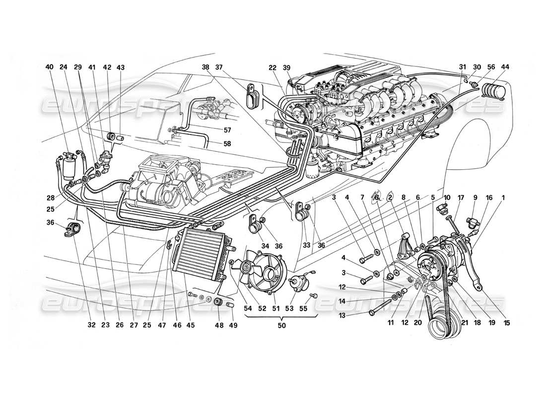 ferrari testarossa (1990) air conditioning system parts diagram