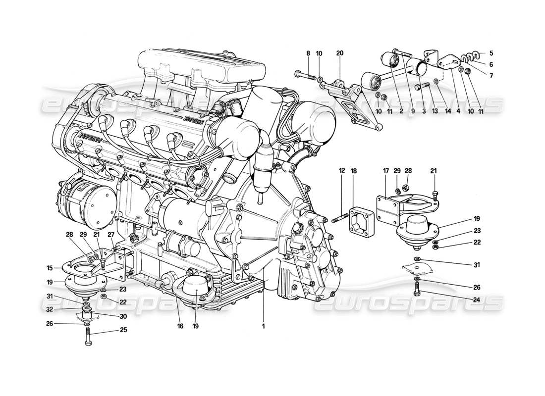 ferrari 208 turbo (1982) engine - gearbox and supports part diagram