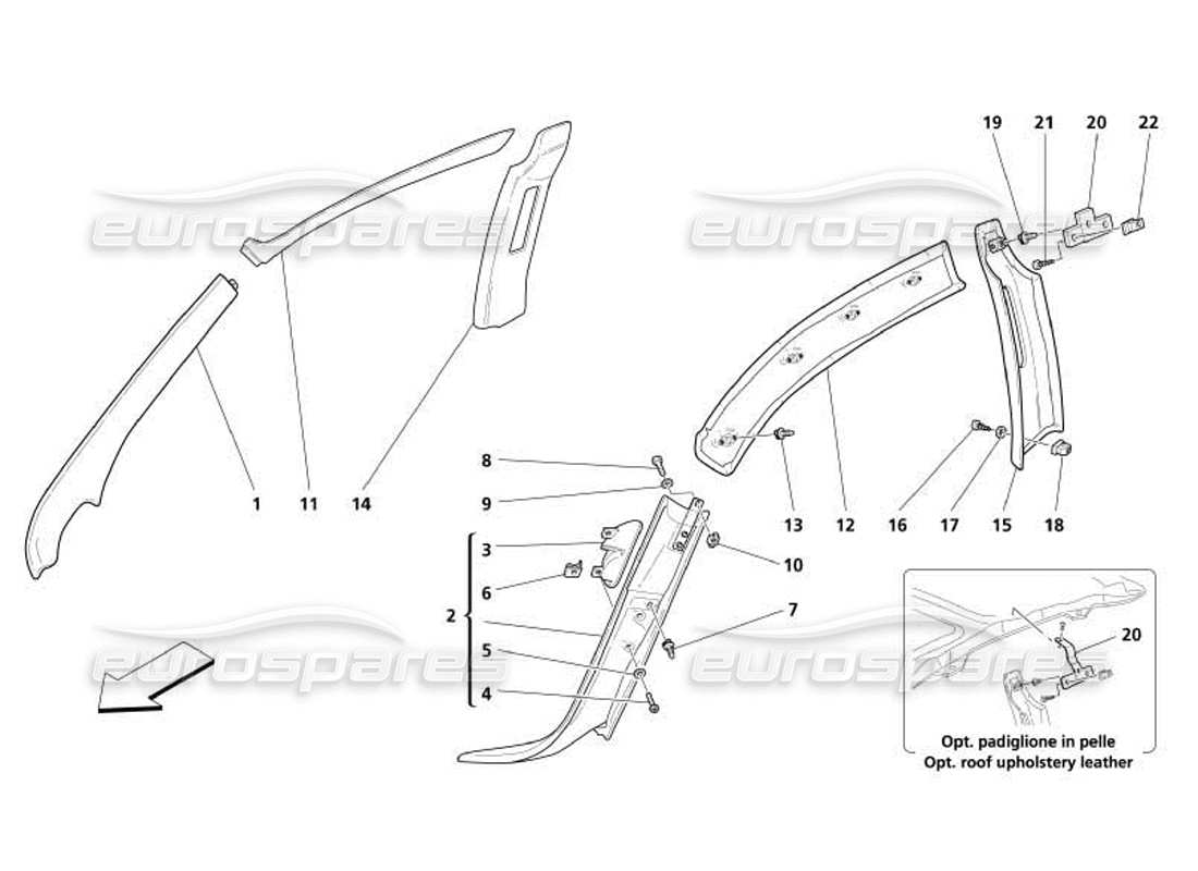 maserati 4200 coupe (2005) inner covering - central and front post covering - side rail cover part diagram