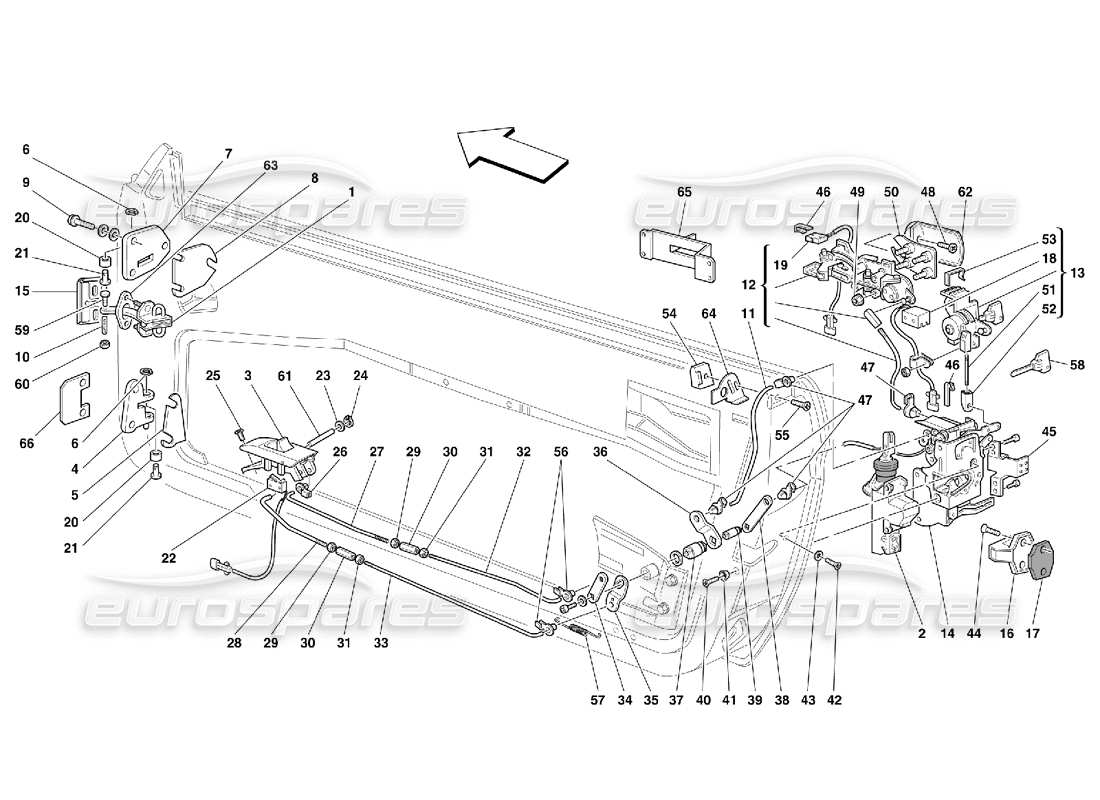 ferrari 456 gt/gta doors - opening control and hinges parts diagram