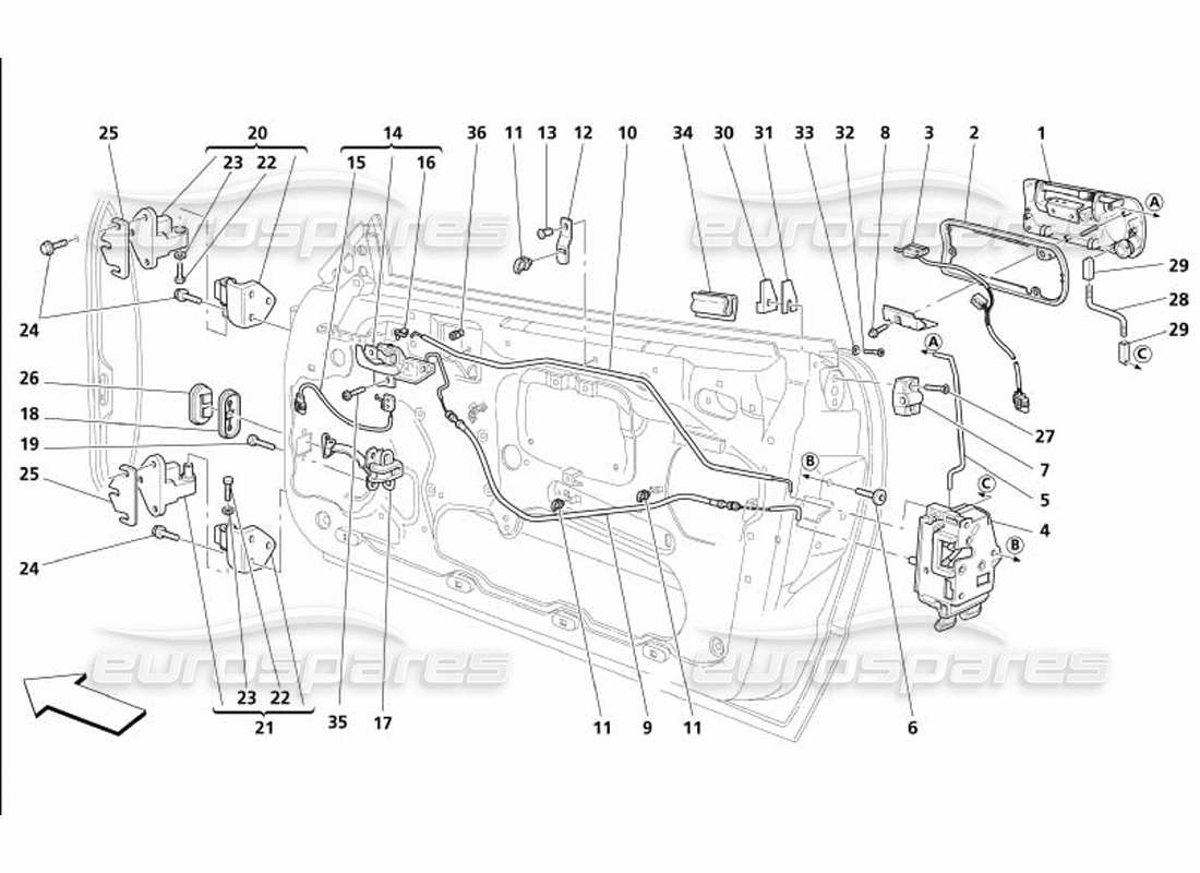 maserati 4200 coupe (2005) doors - opening control and hinges part diagram