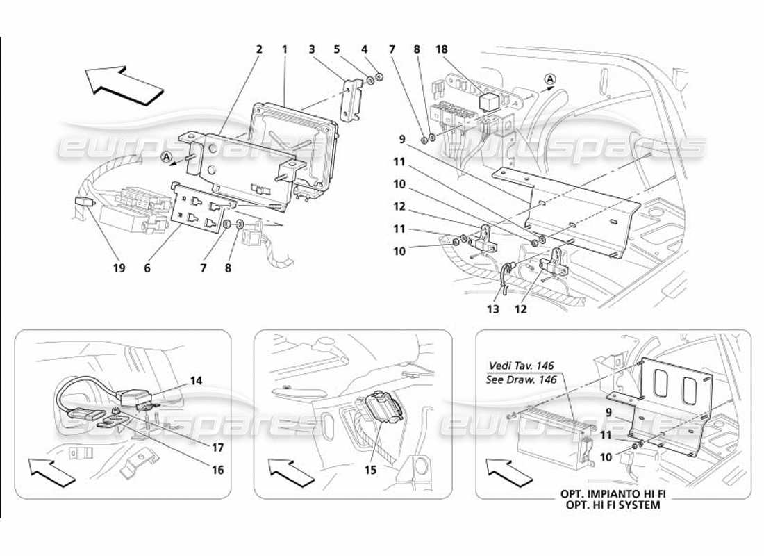 maserati 4200 coupe (2005) rh side trunk bonnet sensor and control units parts diagram