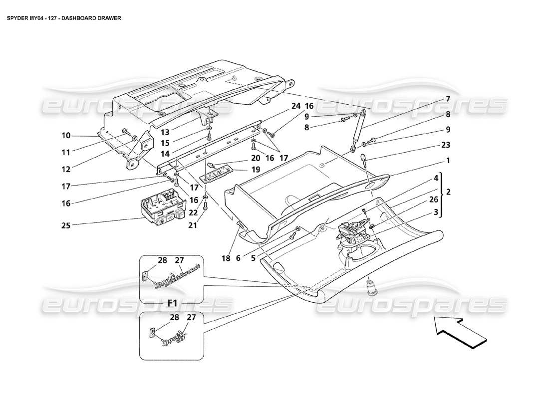 maserati 4200 spyder (2004) dashboard drawer parts diagram