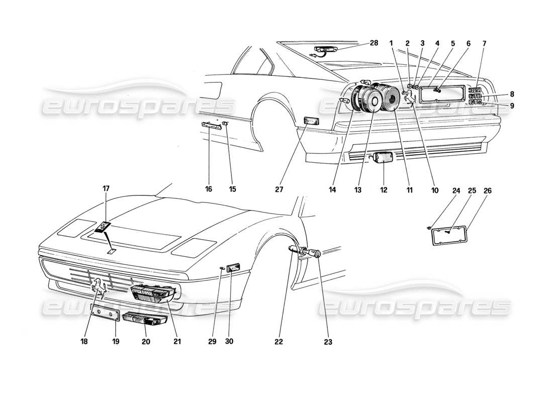 ferrari 328 (1988) external lights and moulding parts diagram