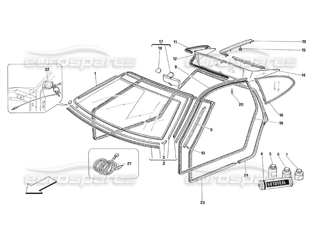 ferrari 348 (1993) tb / ts glasses and gaskets part diagram