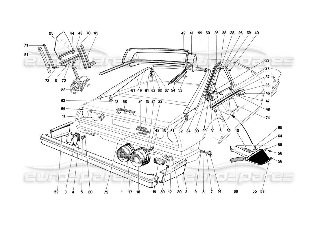 ferrari mondial 3.0 qv (1984) bumpers, lights and rear glasses parts diagram