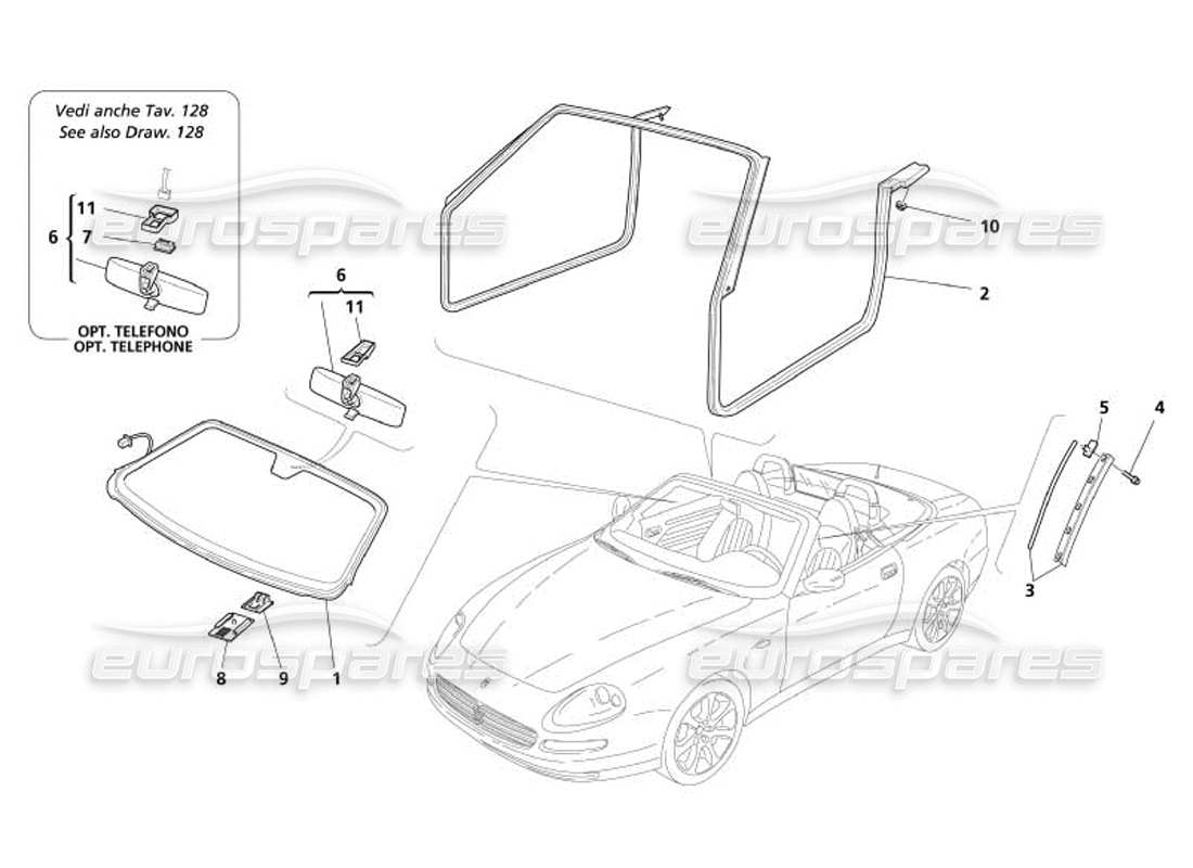 maserati 4200 spyder (2005) glasses windshield - gaskets and inner rearwiew mirror parts diagram