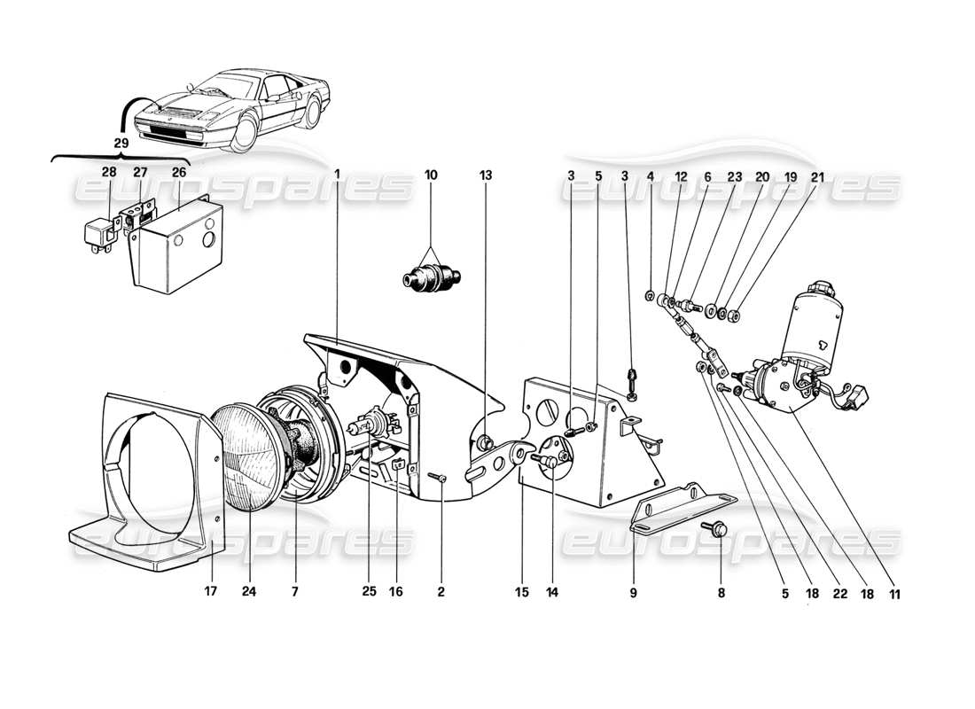 ferrari 328 (1988) lights lifting device and headlights parts diagram