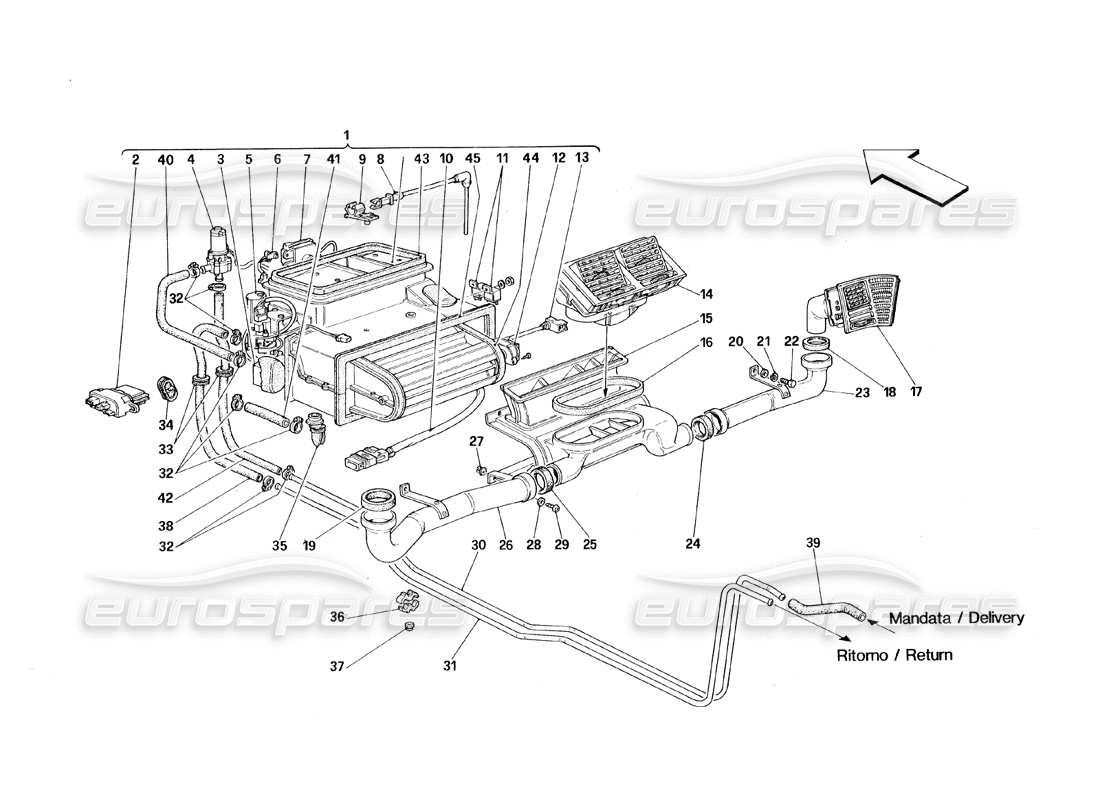 ferrari 348 (1993) tb / ts evaporator unit and passengers compartment aerating parts diagram