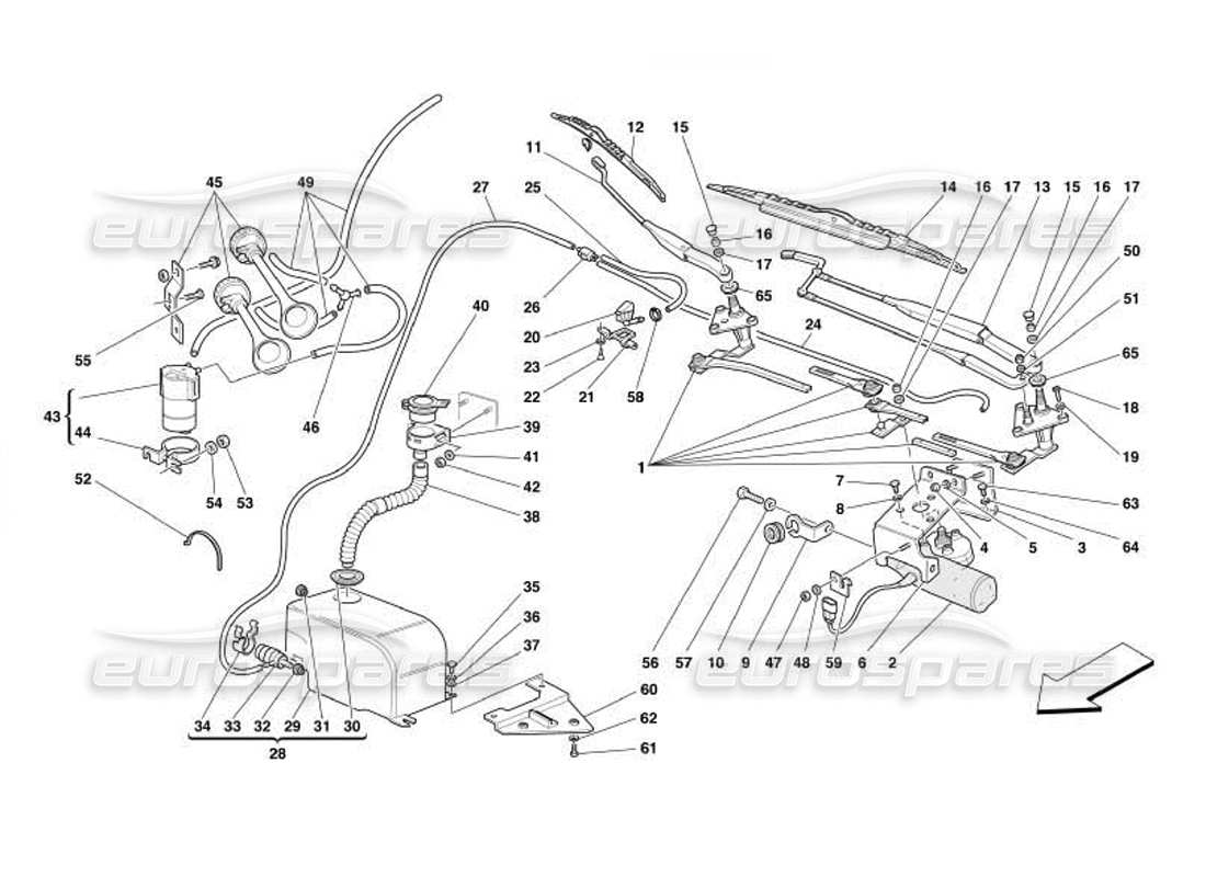 ferrari 550 barchetta windscreen wiper, windscreen washer and horns parts diagram