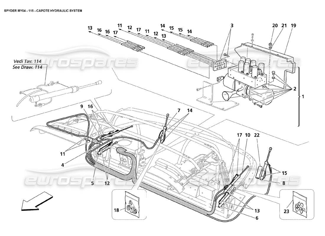 maserati 4200 spyder (2004) capote hydraulic system parts diagram