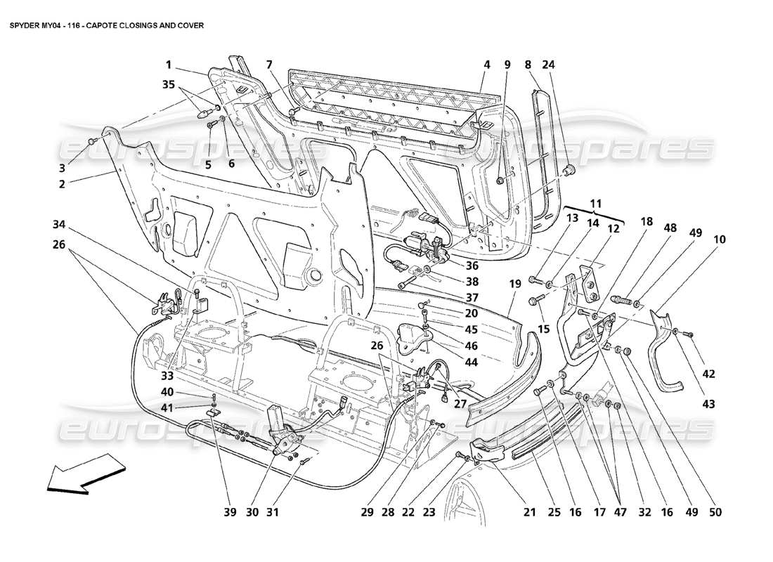 maserati 4200 spyder (2004) capote closings and cover parts diagram