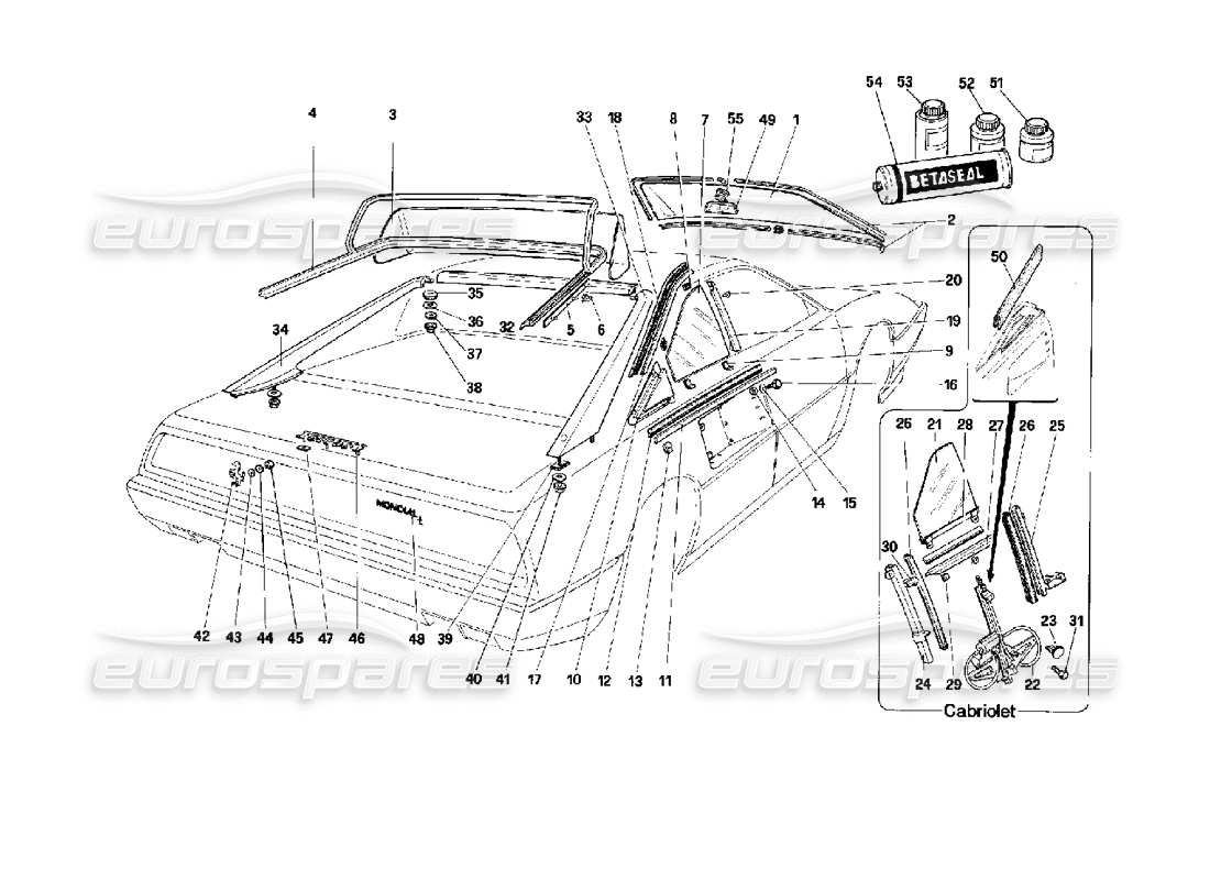 ferrari mondial 3.4 t coupe/cabrio glasses and external finishing parts diagram