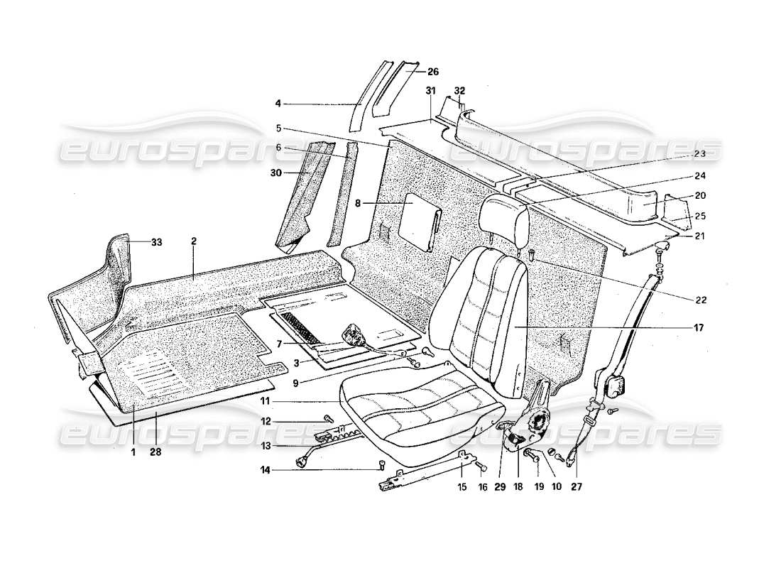 ferrari 308 quattrovalvole (1985) interior trim, accessories and seats parts diagram