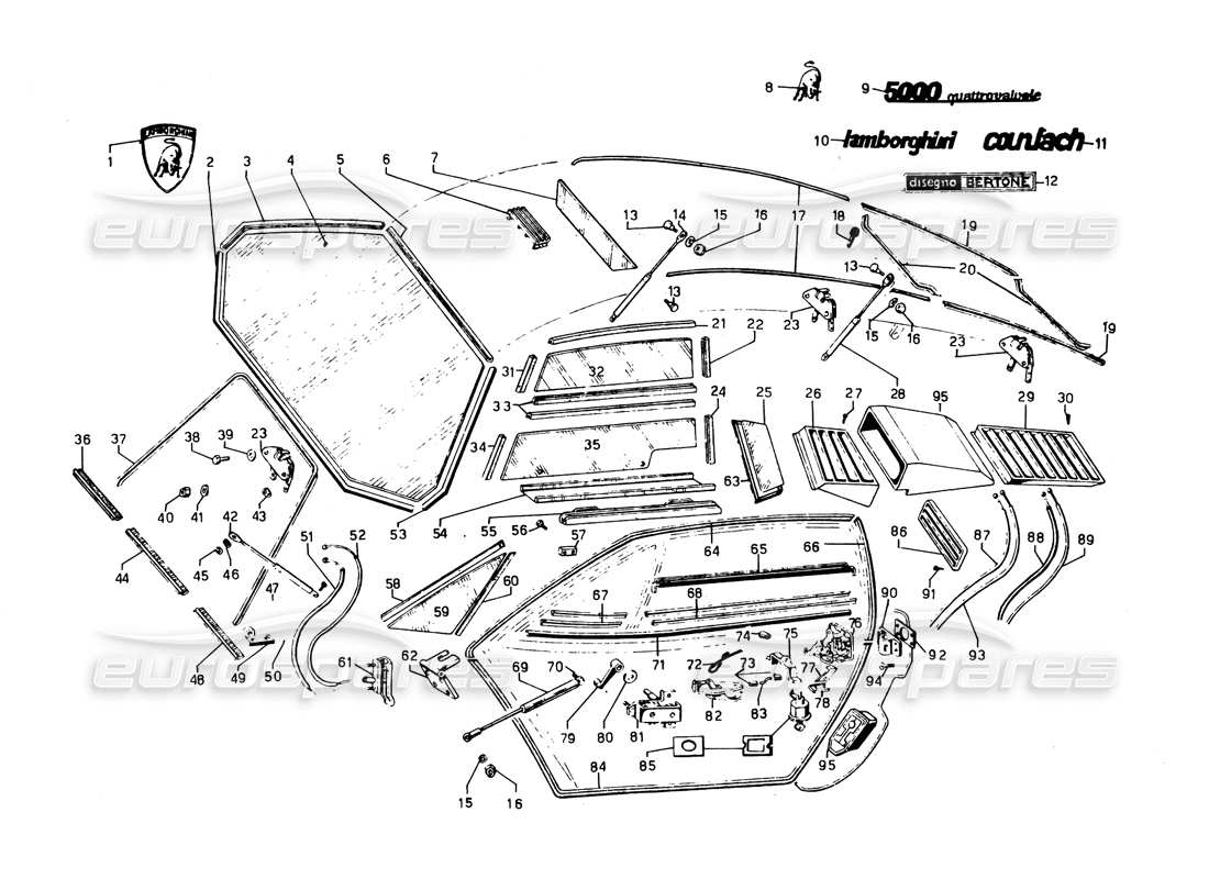 a part diagram from the lamborghini countach 5000 qvi (1989) parts catalogue