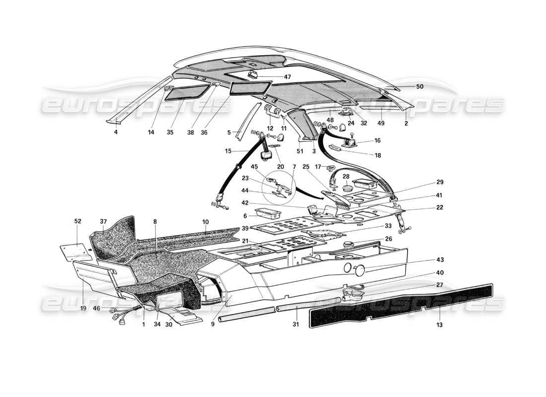 ferrari mondial 3.0 qv (1984) roof, tunnel and safety belts parts diagram