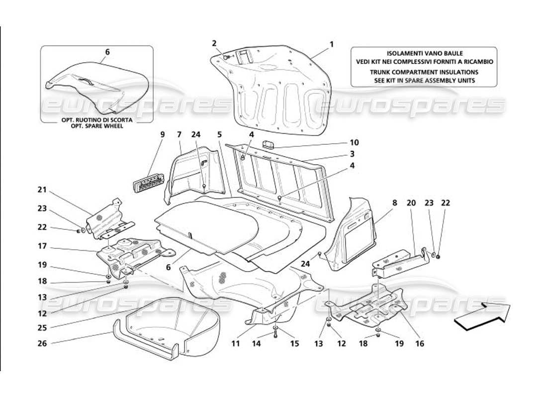 maserati 4200 gransport (2005) trunk hood compartment trims - air inlet and heath shields parts diagram