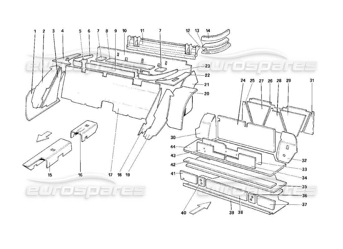 ferrari mondial 3.2 qv (1987) luggage and passenger compart, insulation - 3.2 mondial coupe - usa - sa - aus - ch87 - ch88 excluded part diagram