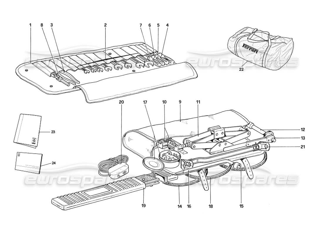 ferrari 328 (1988) tool kit & car cover parts diagram