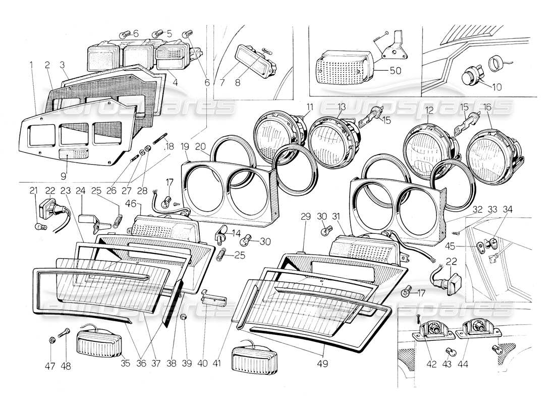 lamborghini countach 5000 qv (1985) headlamps and direction indicators parts diagram