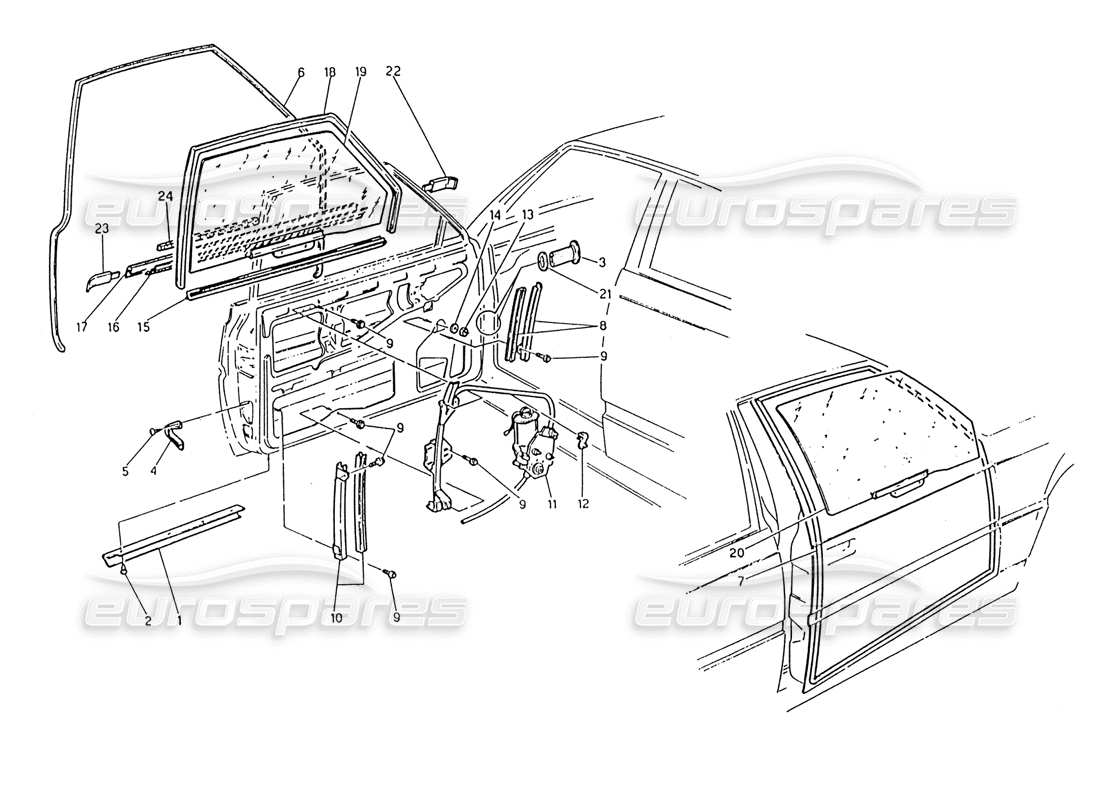 maserati 222 / 222e biturbo doors: windows and regulators parts diagram