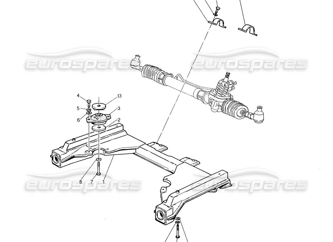 maserati 222 / 222e biturbo front subframe and steering box parts diagram