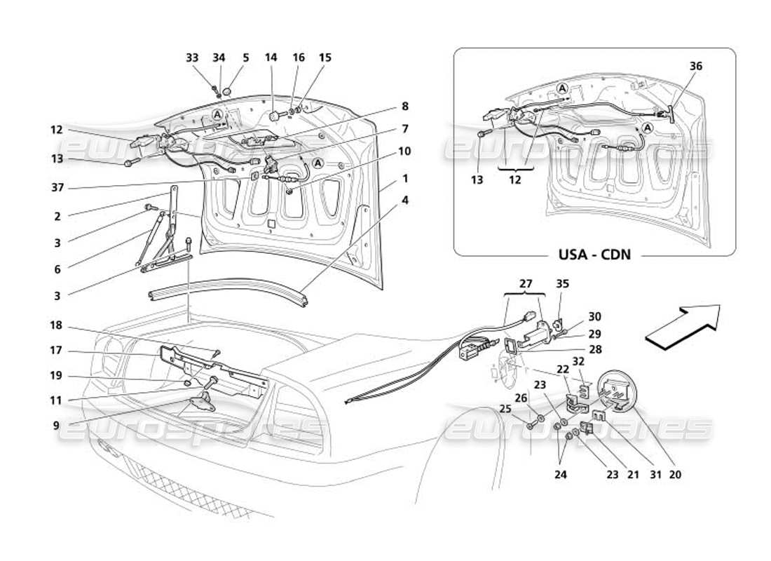 maserati 4200 spyder (2005) trunk hood bonnet and gas door parts diagram