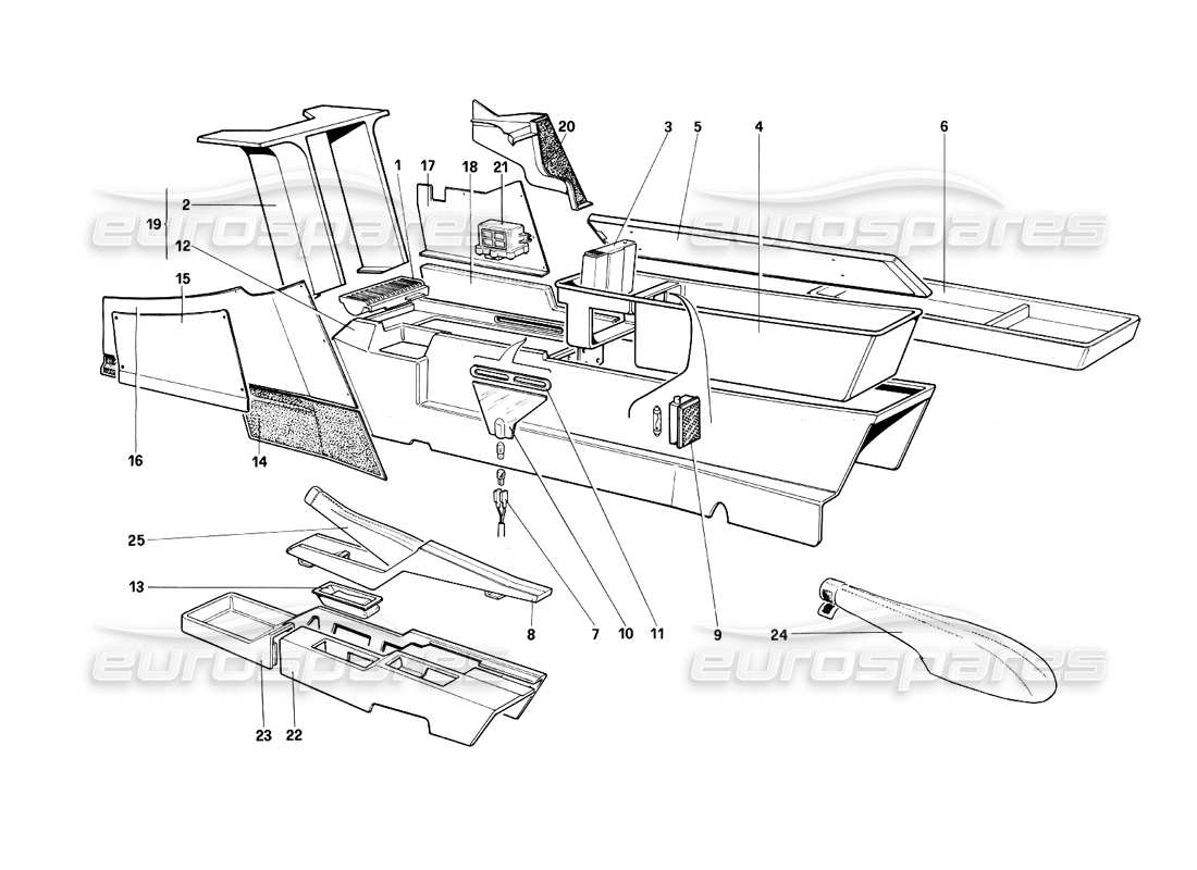 ferrari testarossa (1990) central tunnel (not for us version) parts diagram