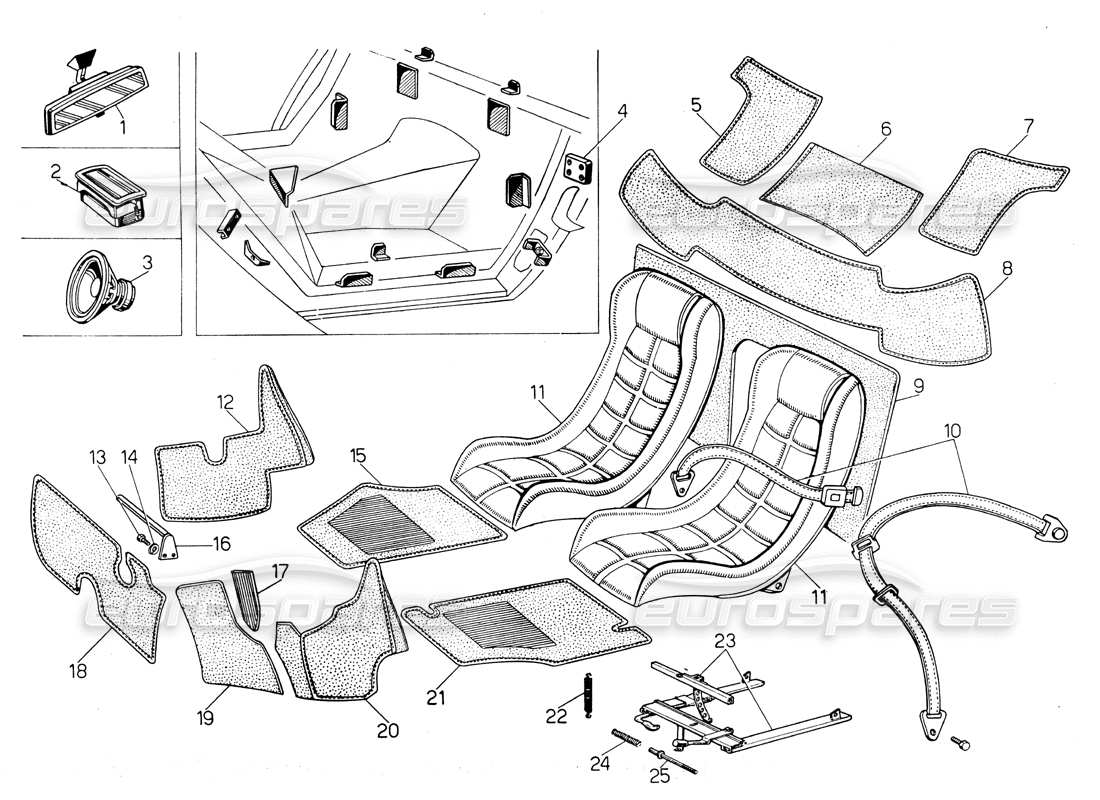 lamborghini countach lp400 seats, accessories and trims parts diagram