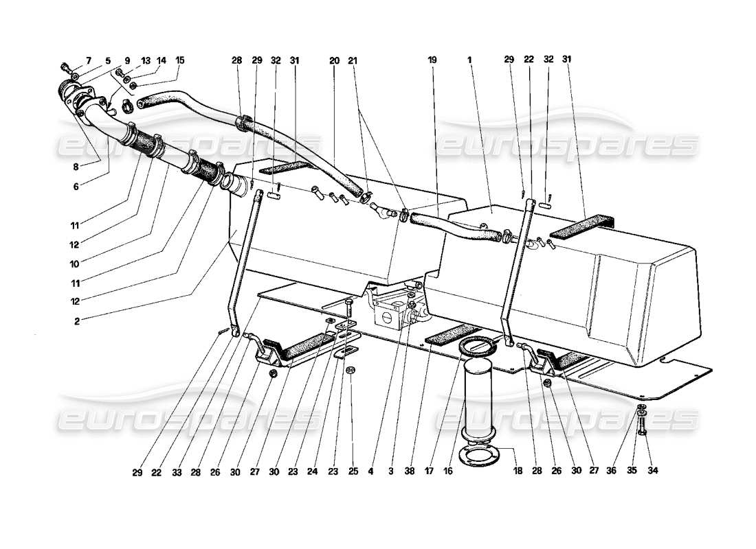 ferrari testarossa (1987) fuel tanks (for u.s. and sa) parts diagram