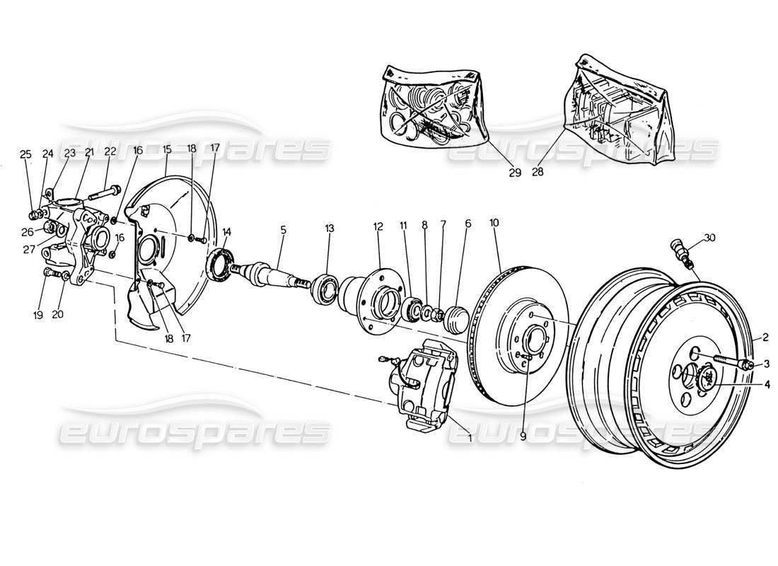 maserati 222 / 222e biturbo wheels, hubs and front brakes parts diagram