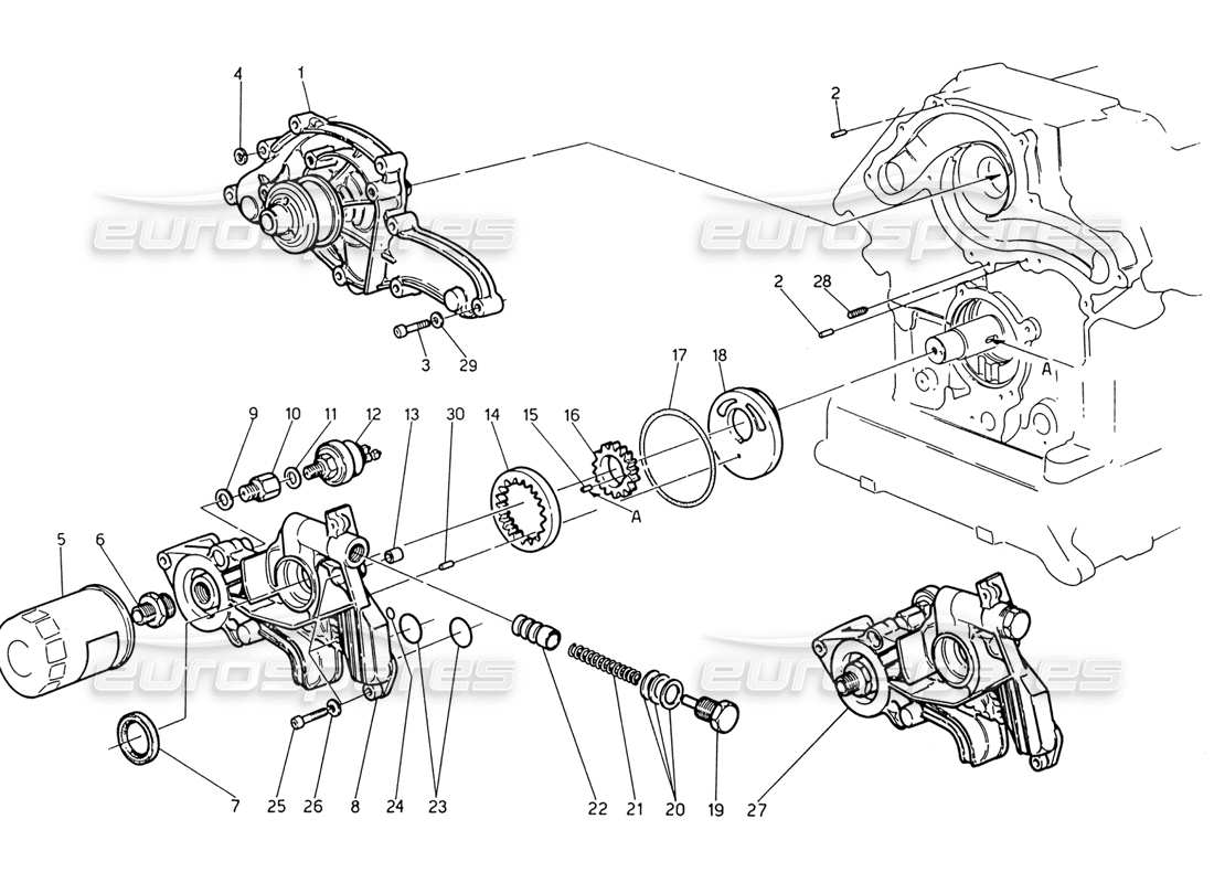 maserati 222 / 222e biturbo water pump - oil pump parts diagram