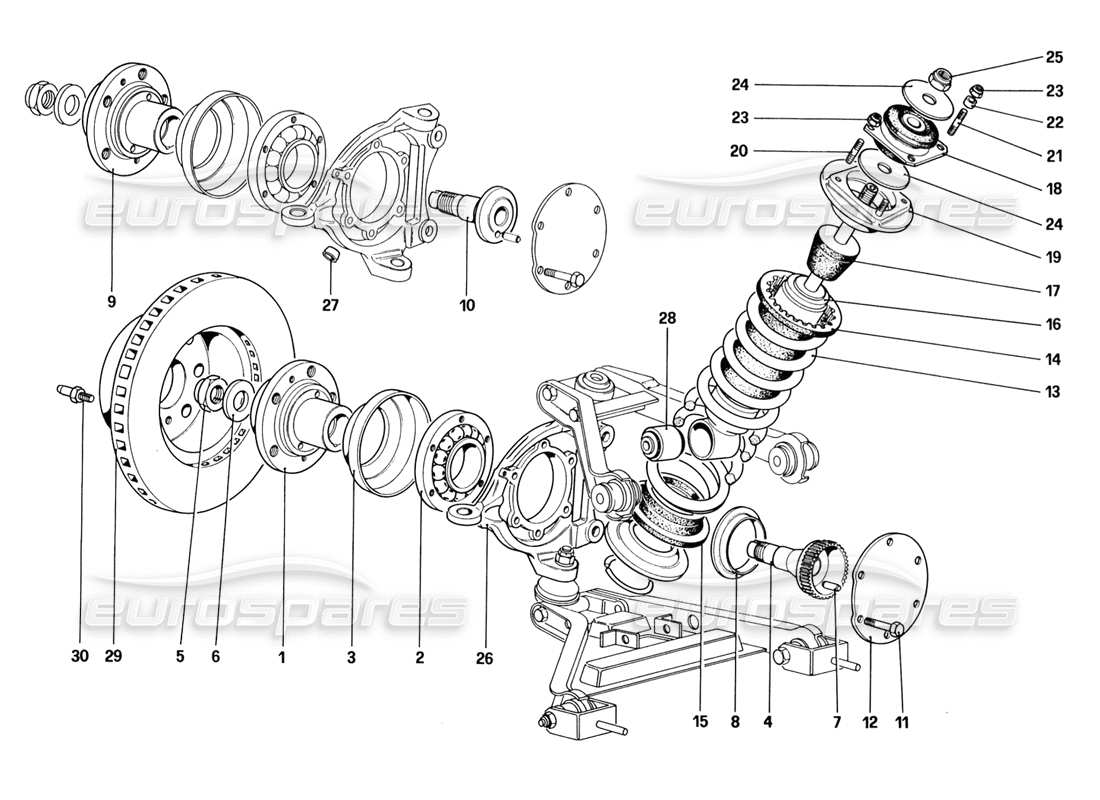 ferrari 328 (1988) front suspension - shock absorber and brake disc (starting from car no. 76626) parts diagram