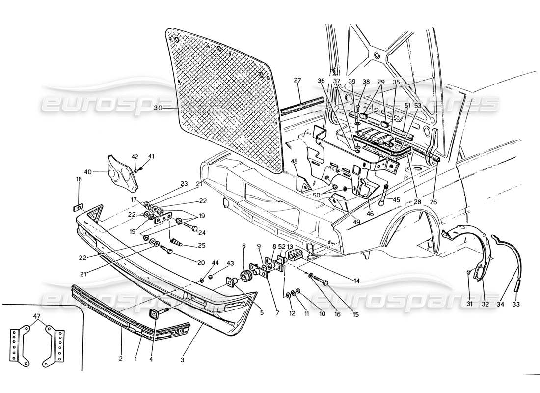 maserati 222 / 222e biturbo front bumper and sound proof felts parts diagram