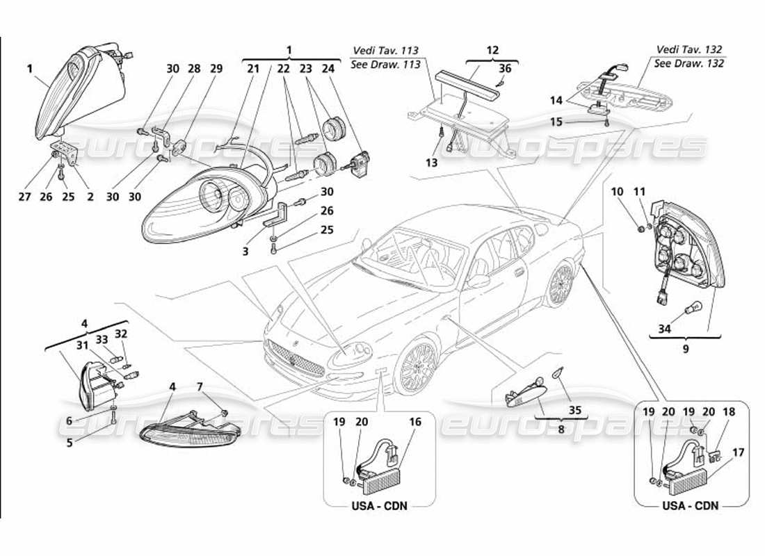 maserati 4200 gransport (2005) front and rear lights part diagram