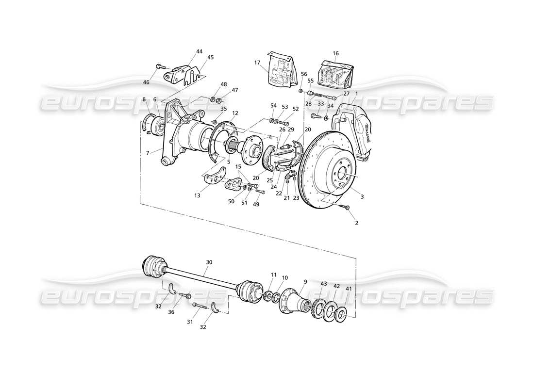 maserati qtp v6 evoluzione hubs, rear brakes with a.b.s. and drive shafts parts diagram