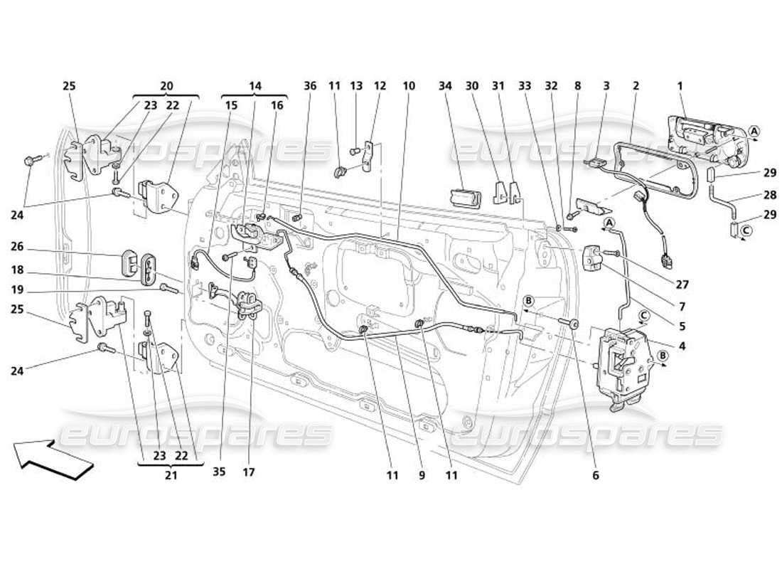 maserati 4200 spyder (2005) doors - opening control and hinges parts diagram